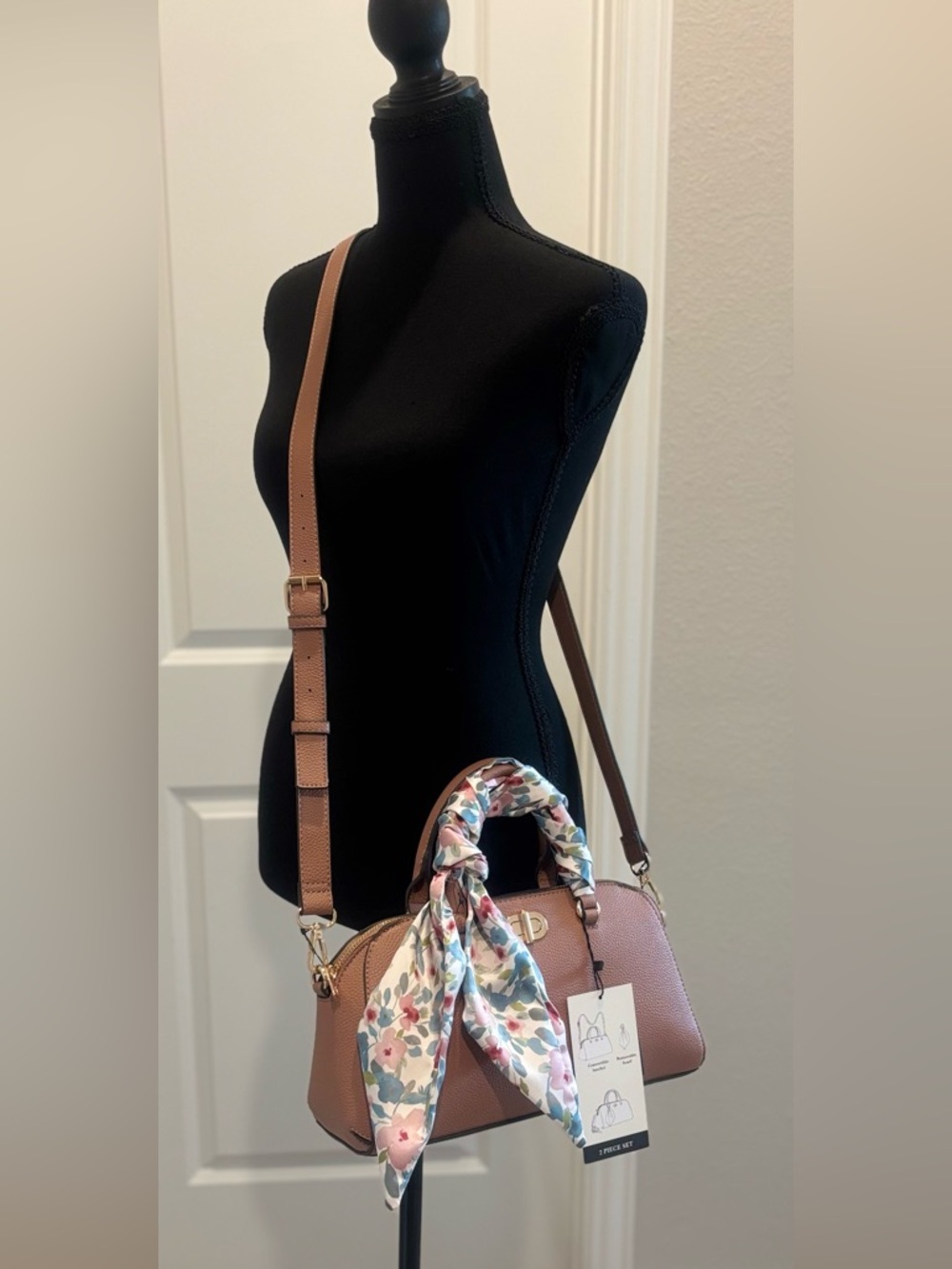 Nanette Lepore Pink Tan Pebbled Leather Crossbody Satchel with Scarf Accent